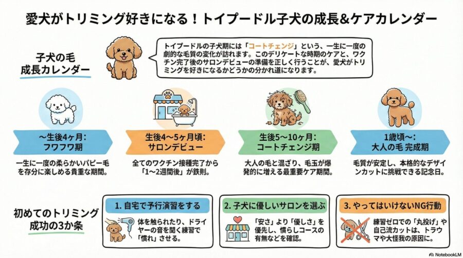 図解『トイプードルのパピーカットはいつまで？生後5ヶ月の毛質変化と初サロン』