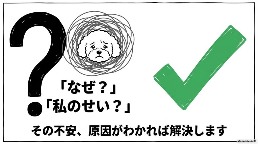 涙やけへの不安を解消する導入。原因を理解すれば解決できることを示唆する、疑問符とチェックマークのイラスト。