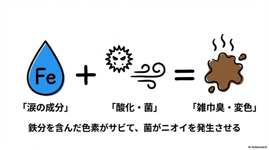 涙やけが臭う仕組み。涙の鉄分が酸化し菌と反応することで、雑巾のような臭いと変色が発生する化学反応式の図解。