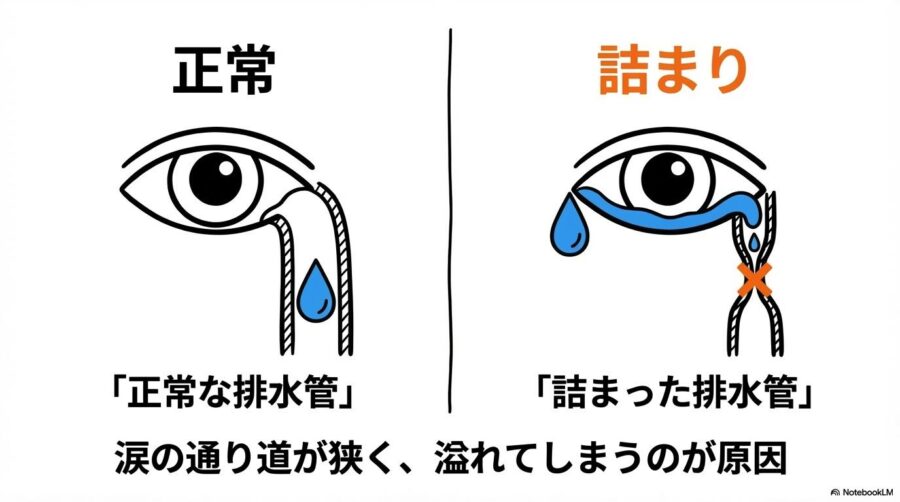 涙やけの物理的原因。正常な涙道と、詰まって溢れた「排水管」の状態を比較し、通り道の狭さが原因であることを説明。