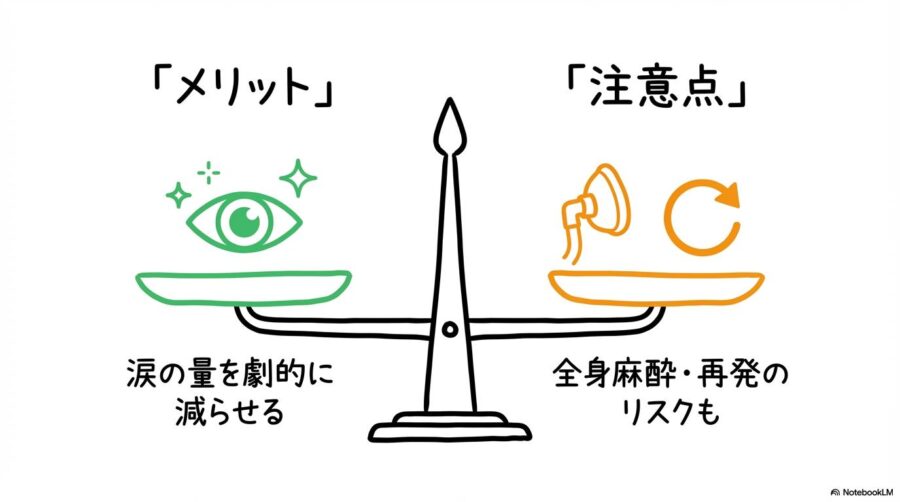 医療的処置のメリットと注意点。涙の量を減らせるメリットと、全身麻酔や再発リスクの注意点を天秤のイラストで比較。