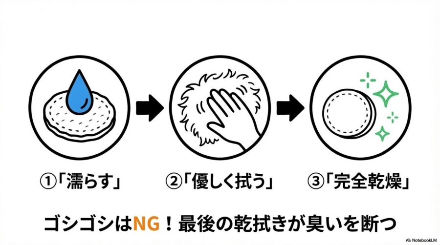 正しい拭き取りの3ステップ。1.濡らす、2.優しく拭う、3.完全乾燥。ゴシゴシ擦らず、最後に乾拭きして臭いを防ぐ方法。