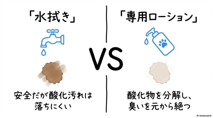 水拭きと専用ローションの比較。水は安全だが汚れが落ちにくく、専用品は酸化物を分解して根本から消臭できるという解説。