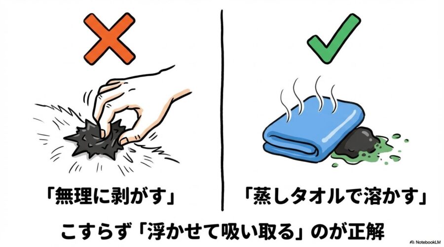 固まった涙やけの対処。無理に剥がさず、蒸しタオルで「浮かせて吸い取る」のが正解であることを○×形式で紹介。