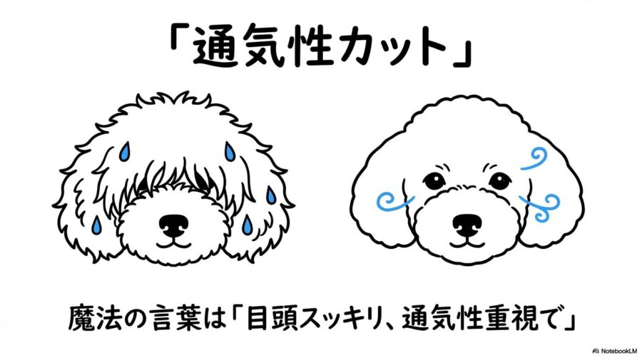 被毛カットによる通気性確保。目元の毛をスッキリさせて通気性を高める重要性と、トリミング時の注文の仕方を解説。