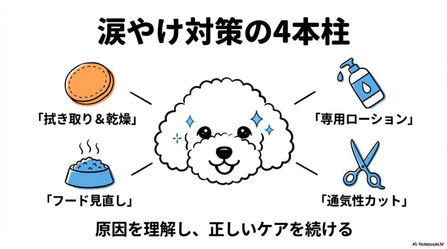 涙やけ対策の4本柱まとめ。拭き取りと乾燥、専用ローション、フード見直し、通気性カットの4点を中心とした対策の総括。