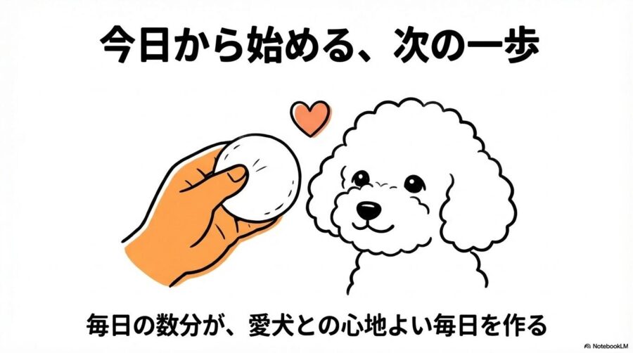 今日の数分のケアが愛犬との快適な毎日に繋がることを表現した、コットンを手にする飼い主と犬のイラストによる結び。