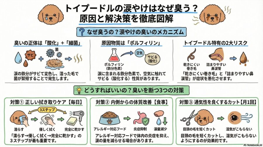 図解『トイプードルの涙やけが臭い原因は「酸化」！雑巾臭を断つ拭き取り＆体質改善ケア』
