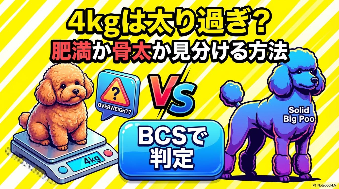 体重計に乗るトイプードルの3Dイラスト。「4kgは太り過ぎ？」という疑問に対し、肥満か骨太かを見分けるBCS判定をテーマにした一枚。