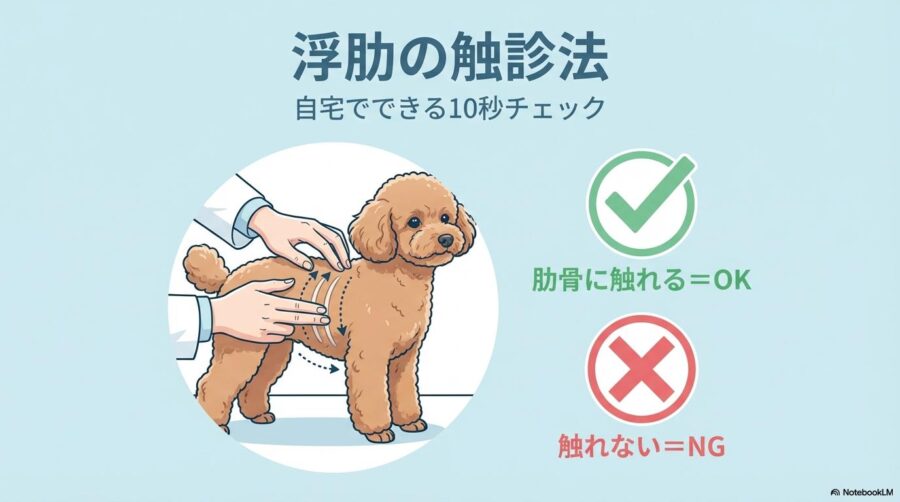 獣医師がトイプードルの浮肋を触診するイラスト。この記事のテーマである「トイプードル 4キロ」の肥満チェック方法を象徴する一枚。