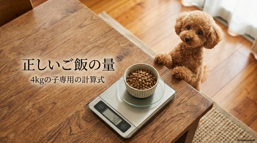 キッチンスケールでフードを計る飼い主と待つトイプードル。この記事のテーマである「トイプードル 4キロ」の適正な食事量を象徴する一枚。