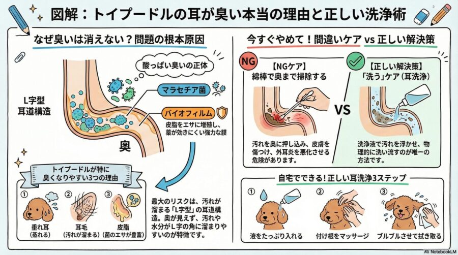 図解『トイプードルの耳が臭い原因は構造にあり？酸っぱいニオイを防ぐ「洗う」ケア術』