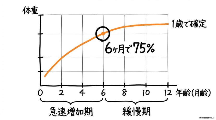 トイプードル成犬までの月齢別体重推移の目安。生後6ヶ月で75%に達するペースを、センター配置で表現した画像。