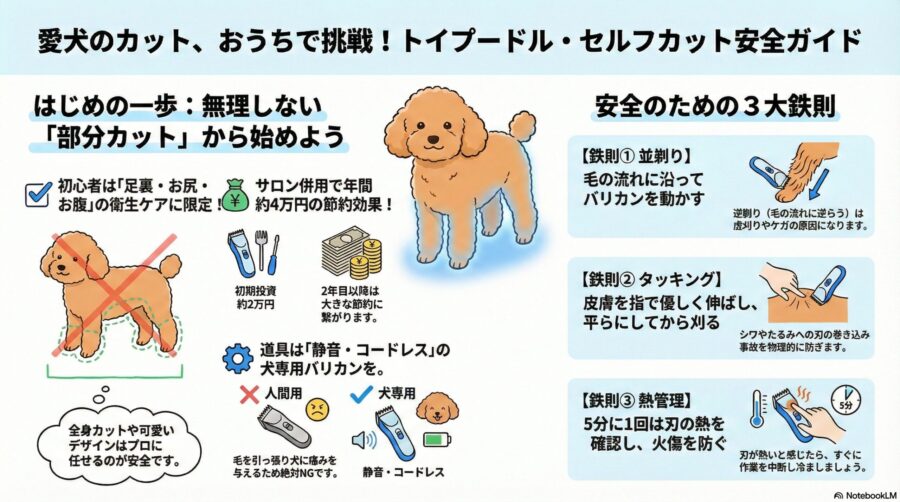 図解『トイプードルを自分でカットする方法！セルフカットの手順とバリカン選び』