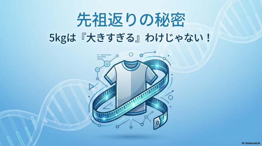 メジャーと犬服のアイコンに、遺伝子をイメージした背景を組み合わせた知的なデザイン。この記事のテーマである「トイプードル 5キロ」の先祖返りとサイズ背景を象徴する一枚。