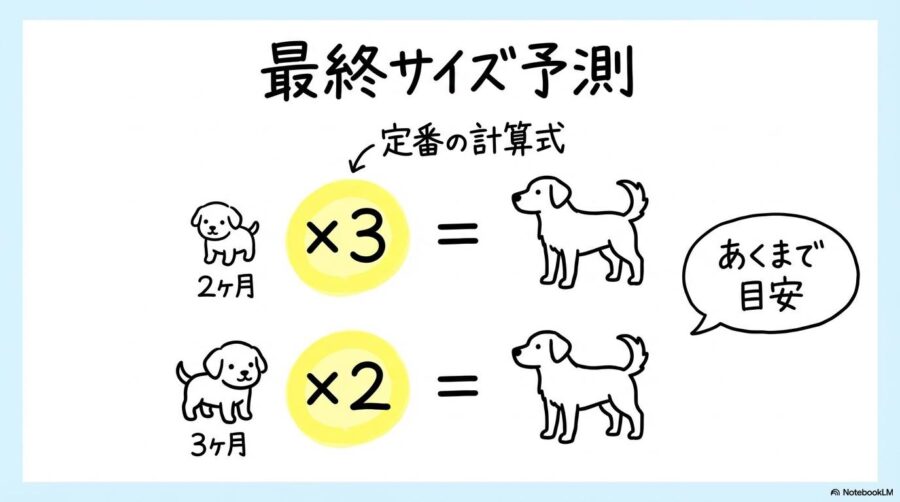 トイプードル成犬時のサイズを予測する計算式の図解。2ヶ月時と3ヶ月時のそれぞれの計算方法を、数式図で表現した画像。
