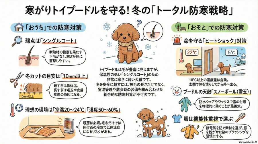図解『トイプードルの冬カットは長めに？寒さ対策の散歩ウェアと暖房なしのリスク』