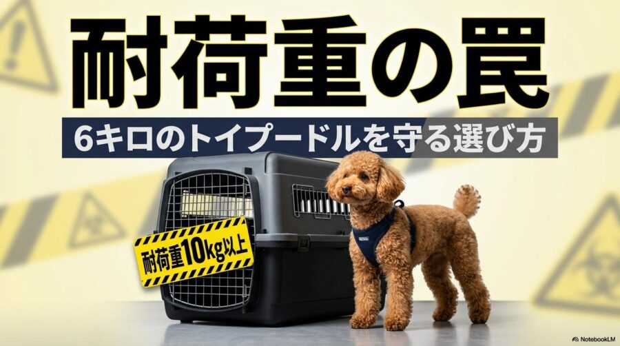 頑丈なハードクレートと6kgのトイプードルを並べた、安全性を強調するスタジオ写真。この記事のテーマである「トイプードル 6キロ」のクレート選びと耐荷重の基準を象徴する一枚。