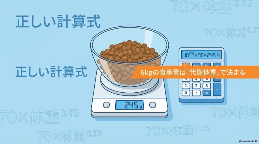食事の計量と計算をイメージした知的なインフォグラフィック。この記事のテーマである「トイプードル 6キロ」の代謝体重に基づいたカロリー管理を象徴する一枚。