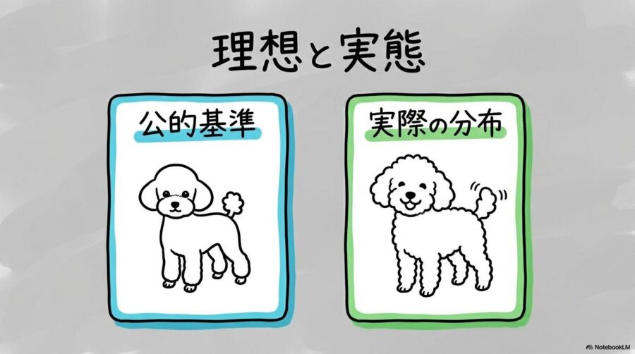 トイプードル成犬のサイズ基準の図解。JKCの公的基準と家庭犬の実態の幅を、カード型で表現した画像。