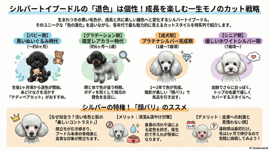 図解『トイプードルのシルバーに似合うカットは？退色変化を楽しむスタイル』