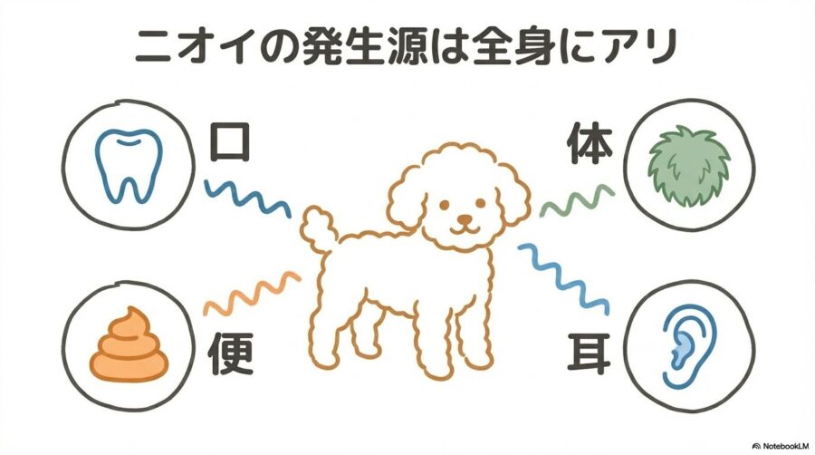 ニオイの発生源の図解。口、便、体、耳など、子犬の全身のあちこちにニオイの元があることを示したイラスト。