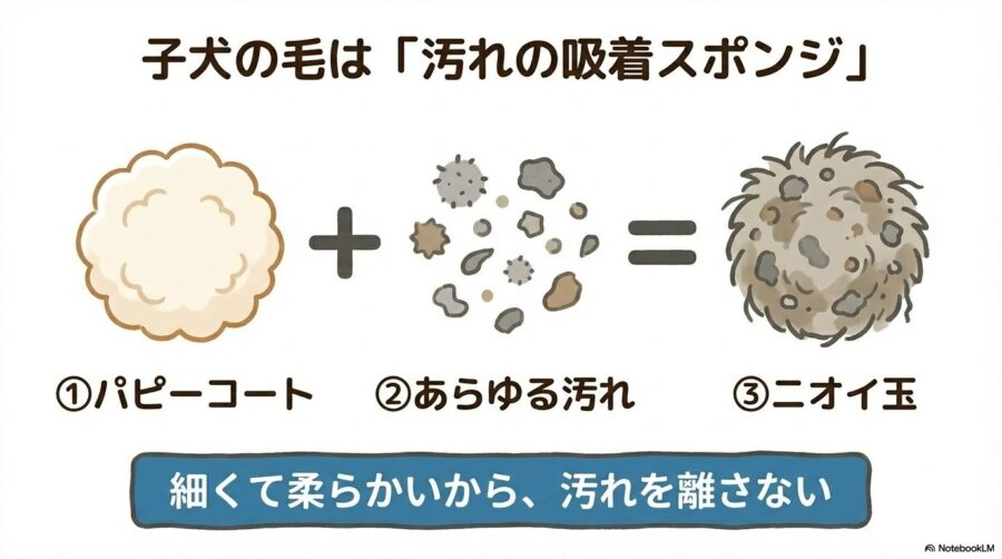 パピーコートの特徴。細くて柔らかい子犬の毛が、あらゆる汚れを吸着するスポンジのようにニオイを溜め込んでしまう仕組みを解説。