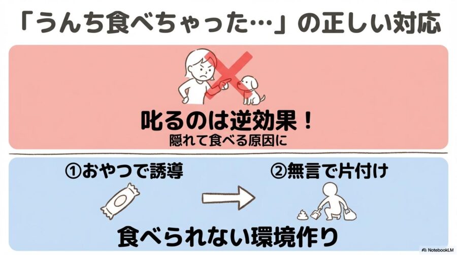 食糞への正しい対応。叱るのは隠れて食べる原因になり逆効果。おやつでの誘導と無言の片付けで、食べられない環境作りを推奨。