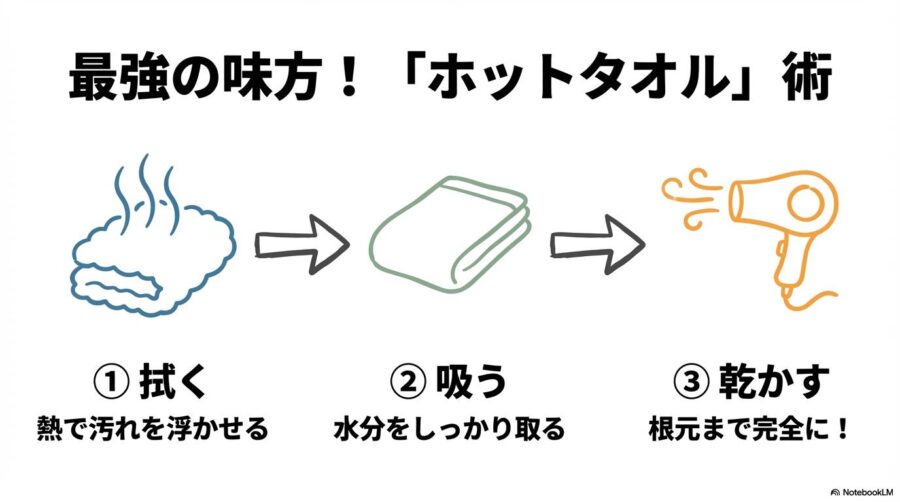 ホットタオルを活用したケア。熱で汚れを浮かせ、水分をしっかり吸い取り、最後はドライヤーで根元まで乾かす3ステップの紹介。