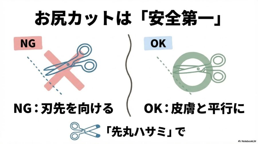 安全なお尻周りのカット方法。刃先を皮膚に向けず平行に当てることや、怪我防止のために「先丸ハサミ」を使う重要性を図解。