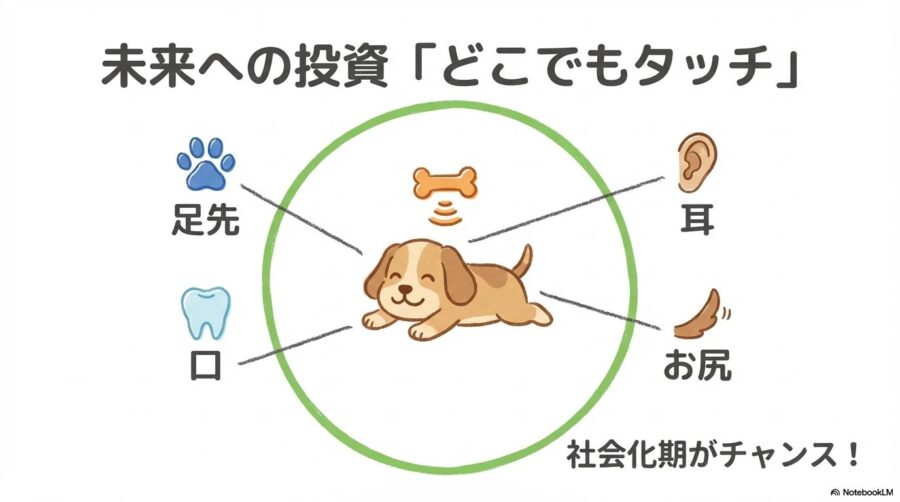 将来のケアに向けた練習「どこでもタッチ」。社会化期に、足先、口、耳、お尻など全身を触られることに慣れさせておく大切さを提案。