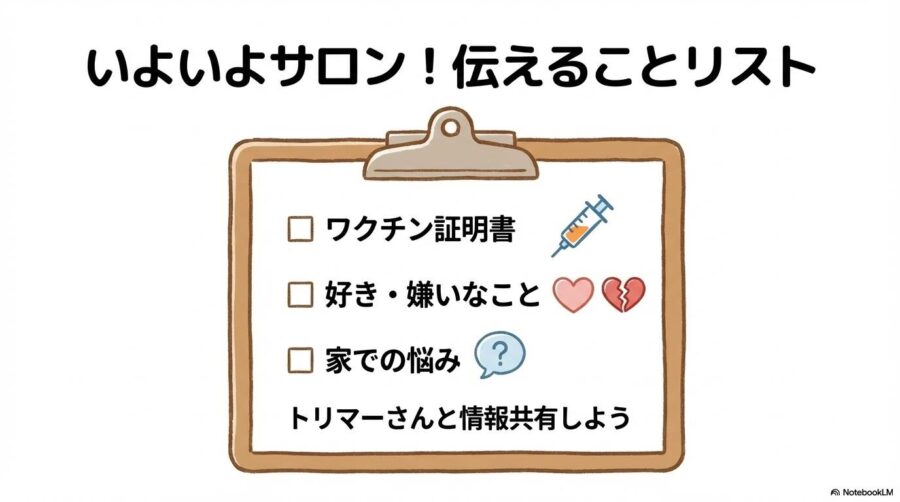 初サロンでの情報共有リスト。ワクチン証明書の持参や、愛犬の性格（好き・嫌い）、家での悩みをトリマーに伝えるためのチェック表。