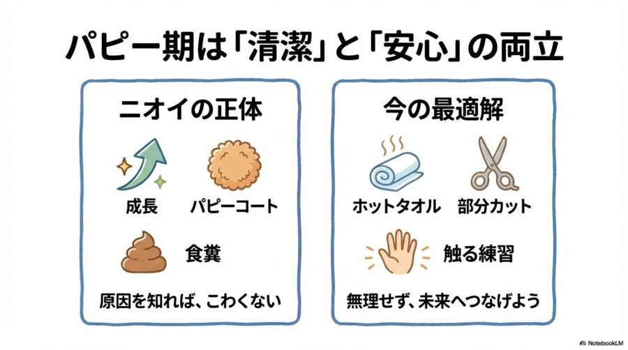 全体のまとめ。パピー期はニオイの原因を正しく理解し、無理をせず「清潔」と「安心」を両立させて未来へつなげようという結び。