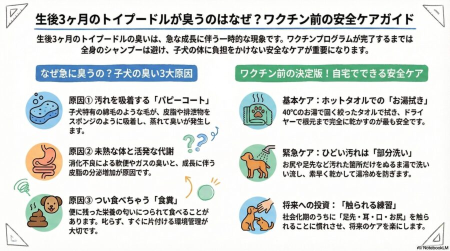 図解『3ヶ月のトイプードルが臭いのは「成長の証」？ワクチン期の安全消臭ケア』