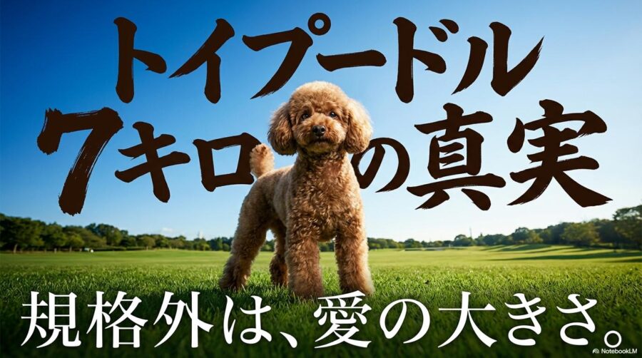 公園の芝生の上で堂々と立つ、骨格のしっかりした体重7キロのトイプードル。この記事のテーマである「トイプードル 7キロ」の規格外な魅力と力強さを象徴する一枚。