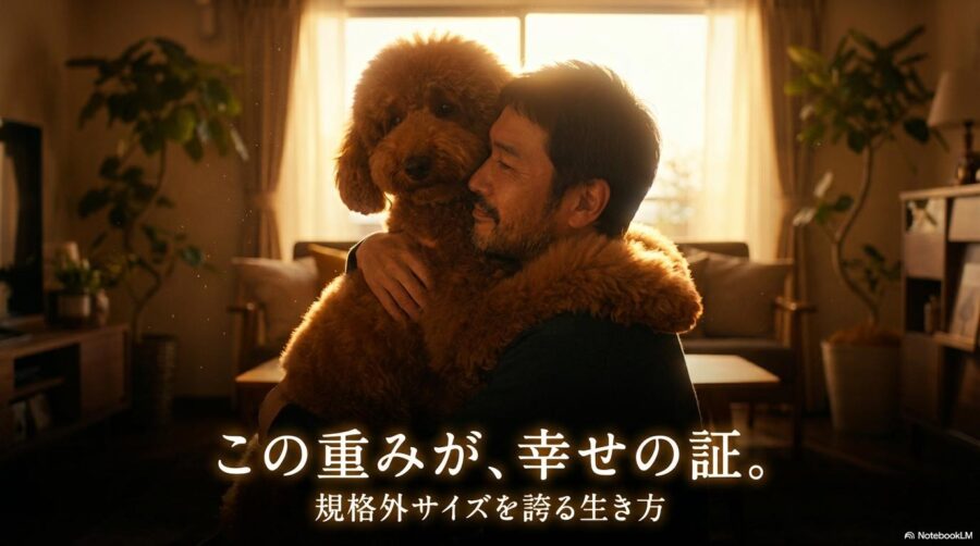 飼い主に抱きしめられる体重7キロの大きなトイプードル。この記事のテーマである「トイプードル 7キロ」の愛犬を誇るためのマインドセットを象徴する一枚。