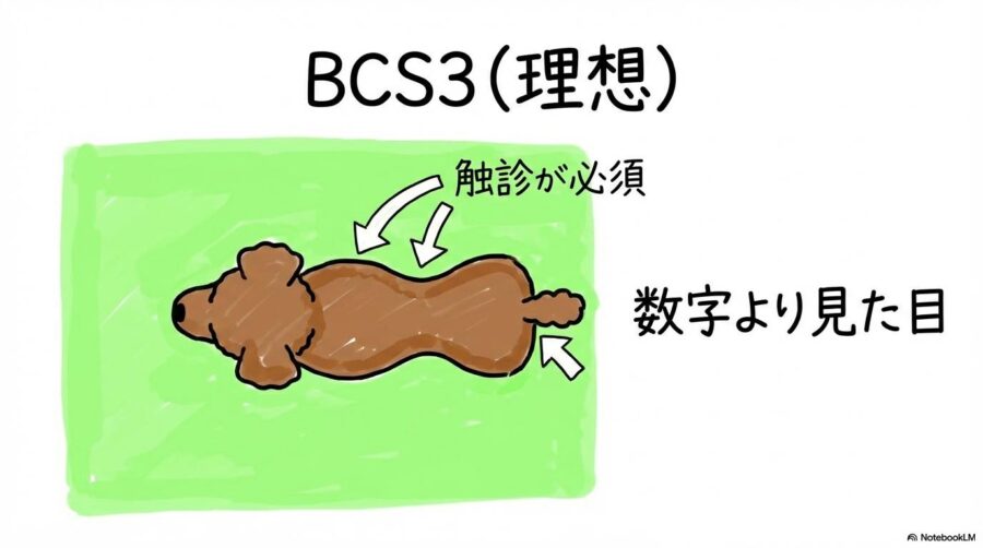 トイプードル成犬の適正体型(BCS3)のチェックポイント。触診と視診の要点を、センター配置で表現した画像。