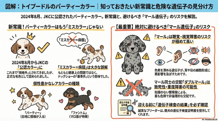 図解『トイプードルのパーティーカラーはミスカラー？JKC新規定と健康リスク』