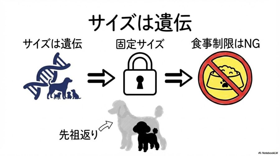 トイプードル成犬のサイズを決める要因の図解。遺伝の強さと食事制限の無意味さを、VS図で表現した画像。