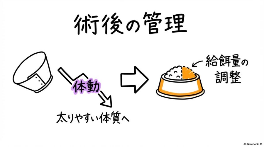 避妊・去勢後のトイプードルの体重管理。代謝の変化と食事調整の関係を、カード型で表現した画像。