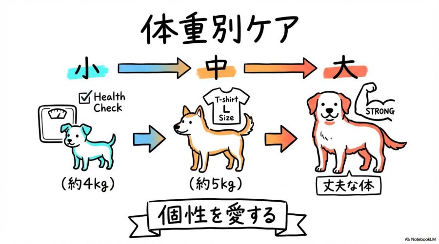 トイプードル成犬の体重別悩み解決ガイド。4kgから7kg以上の各段階でのケアの重点を、3ステップ図で表現した画像。