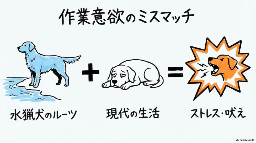 作業意欲のミスマッチの図解。水猟犬としてのルーツと現代の生活環境のギャップがストレスに繋がる関係性を、数式図で表現した画像。