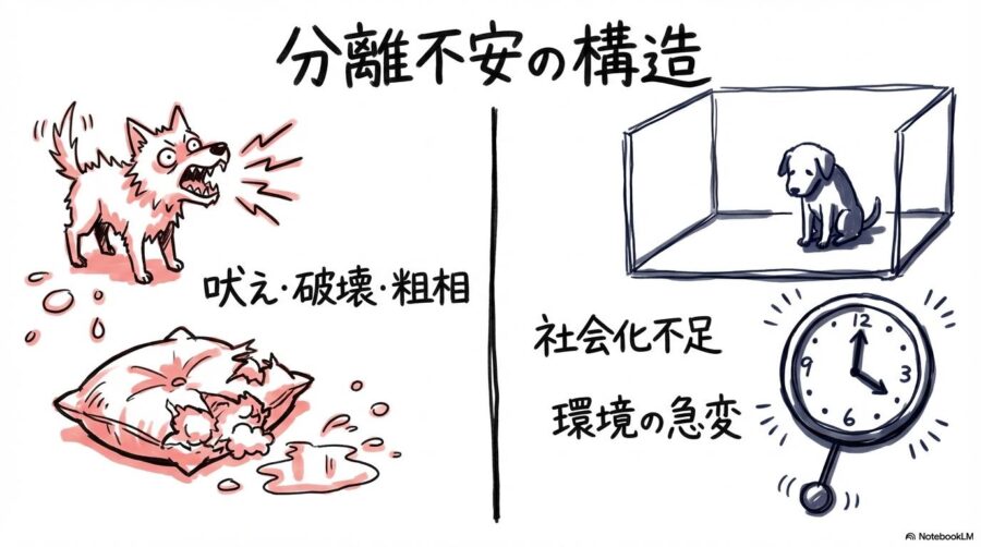 分離不安の構造の図解。症状（吠え・破壊）と主な原因要因の関係性を、カード型で表現した画像。