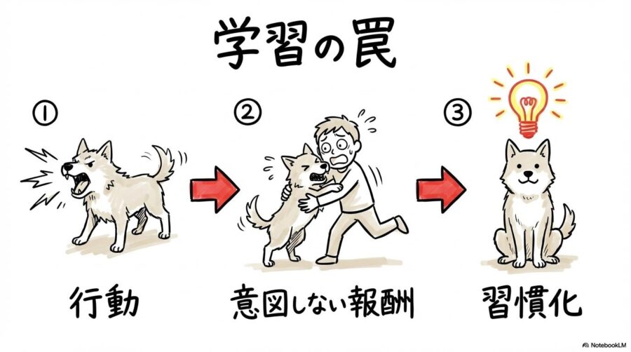 オペラント条件付けによる「学習の罠」の図解。犬の行動に対して飼い主が意図せず報酬（注目）を与えてしまうサイクルを、3ステップ図で表現した画像。