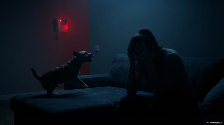 飼い主が感じるストレス構造のイメージ。騒音や外出制限による精神的な重圧を、フォトリアルな情景で表現した画像。
