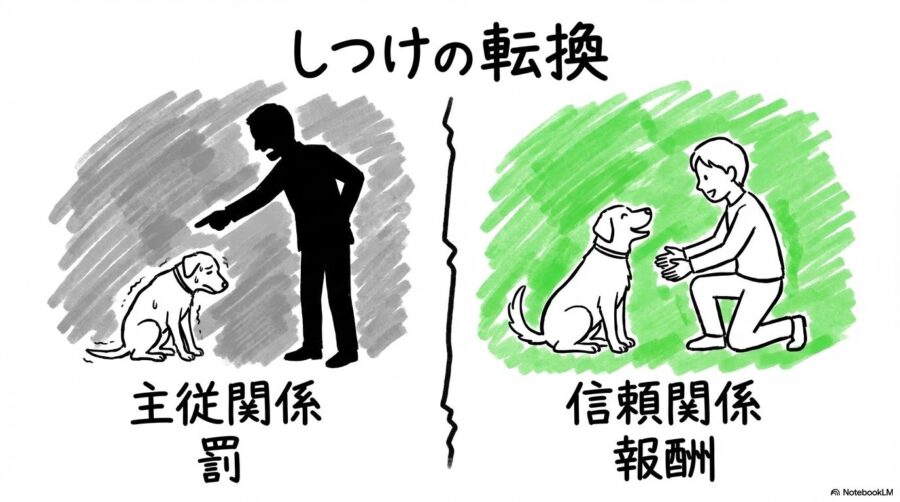 現代的なしつけルールの図解。古い主従関係理論と、現代の信頼関係に基づくアプローチの違いを、VS図で表現した画像。
