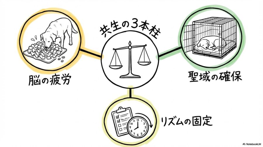 ルーティン見直しの図解。幸せな共生を支える3つの要素（知的刺激・休息・リズム）を、センター配置で表現した画像。