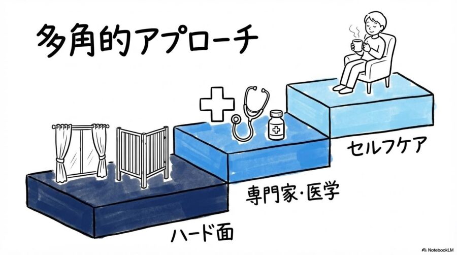 後悔しないための環境作りの図解。物理対策・医学サポート・メンタルケアの3段階のアプローチを、3ステップ図で表現した画像。