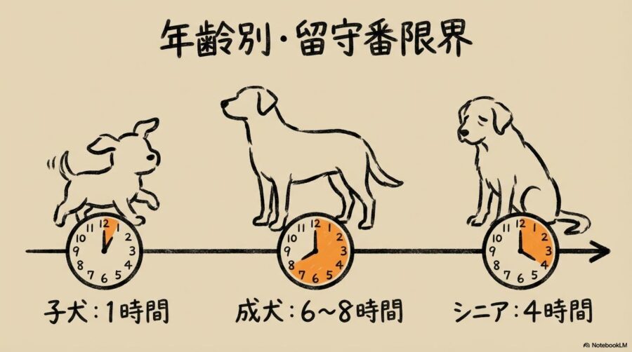トイプードルの年齢別留守番限界時間の図解。子犬・成犬・シニア犬それぞれの生理的な限界時間の違いを、3ステップの比較で表現した画像。