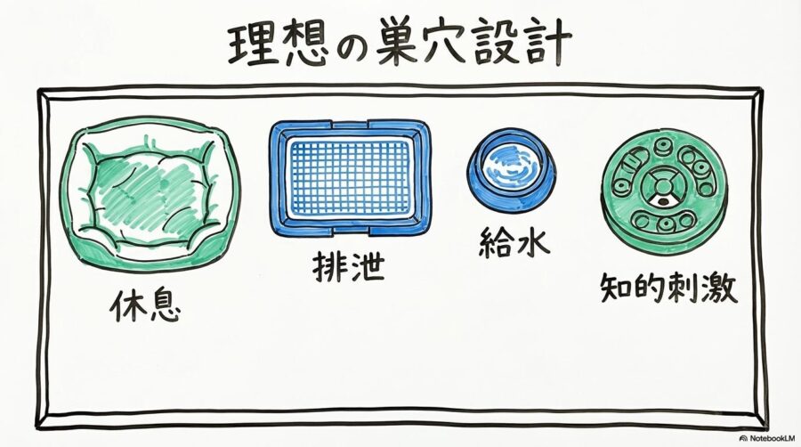 トイプードルが安心できるケージ内レイアウトの図解。休息・排泄・給水のエリア分けをセンター配置で表現した画像。
